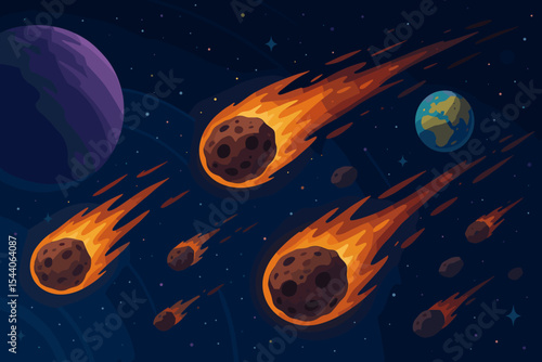 Fiery Meteorites and Asteroids Racing Through Deep Space Toward Earth, Glowing Planet, Planets, Science Fiction Outer Space Catastrophe, Astronomy Disaster, Vector Cartoon Illustration