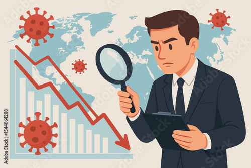Businessman analyzing economic impact of Covid-19 pandemic. Global financial crisis and recession concept with downward chart, world map. Vector cartoon illustration of market crash.