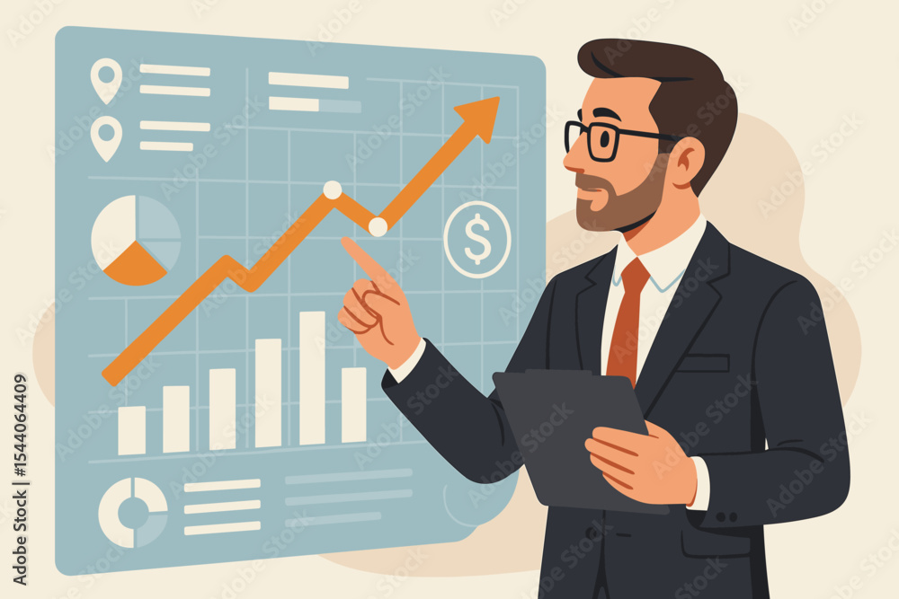 Businessman Analyzing Financial Growth Graph and Sales Profit Data. Financial planning for smart business solutions, market analysis, economic statistics. Flat vector cartoon illustration. Businessman Analyzing Financial Growth Graph and Sales Profit Data. Financial planning for smart business solutions, market analysis, economic statistics. Flat vector cartoon illustration.