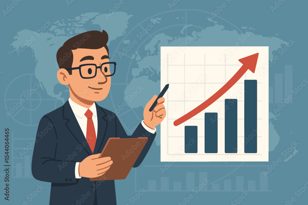 Businessman presenting financial growth graph. Manager analyzing business data for success. Concept of stock market investment, profit, and economic statistics. Cartoon vector illustration. Businessman presenting financial growth graph. Manager analyzing business data for success. Concept of stock market investment, profit, and economic statistics. Cartoon vector illustration.