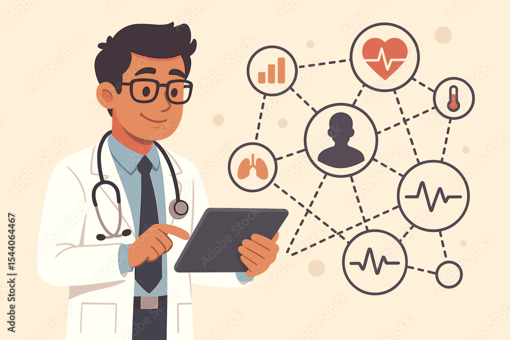 Doctor using tablet to analyze patient health data. Healthcare technology concept with medical network. Male physician managing electronic health record. Telemedicine vector illustration. Doctor using tablet to analyze patient health data. Healthcare technology concept with medical network. Male physician managing electronic health record. Telemedicine vector illustration.