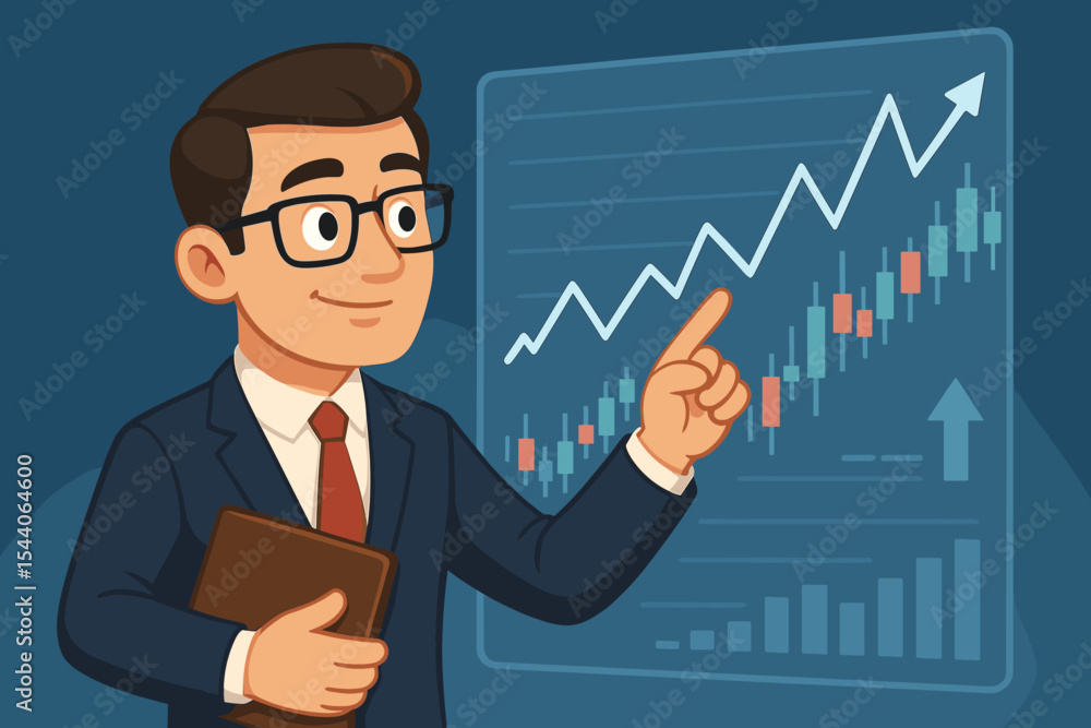 Happy Businessman Analyzing Stock Market Data on Virtual Screen. Finance Professional Pointing at Growing Investment Chart. Business Success and Financial Growth Concept Vector Cartoon Illustration. Happy Businessman Analyzing Stock Market Data on Virtual Screen. Finance Professional Pointing at Growing Investment Chart. Business Success and Financial Growth Concept Vector Cartoon Illustration.