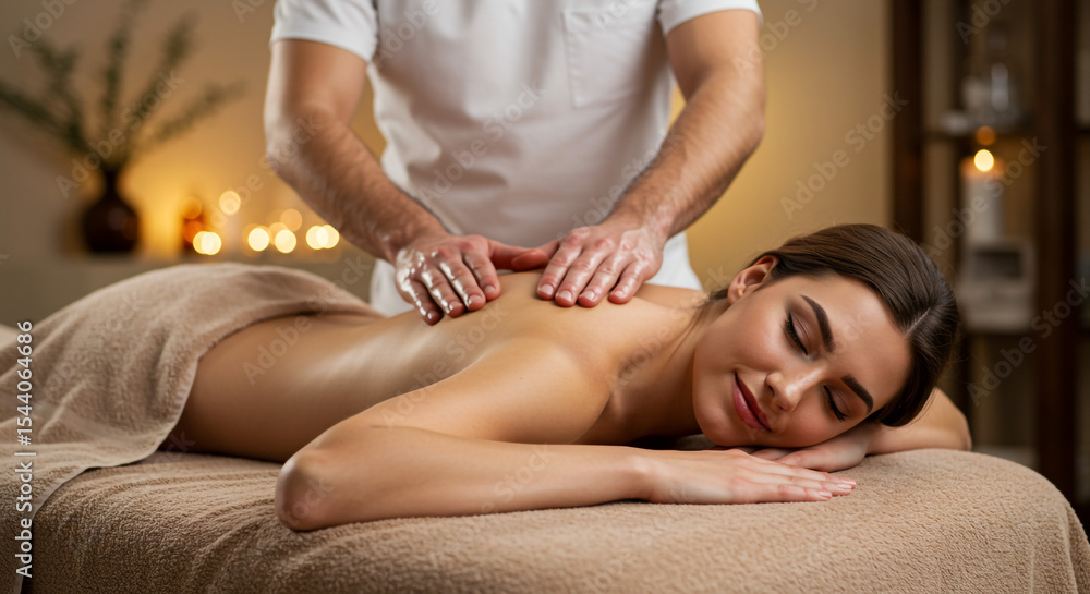 Fototapeta premium Woman receiving a back massage from a masseur in a spa setting with candles in the background