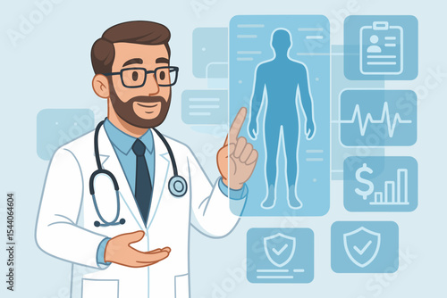 Doctor analyzing patient data on a futuristic virtual interface. Medical technology concept with hologram screen for health exam, diagnostics, EMR, and insurance cost analysis.