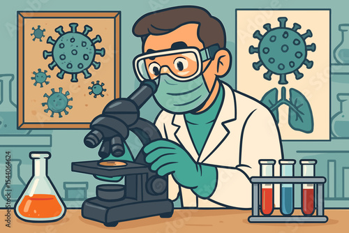 Male scientist doctor in laboratory wearing mask, safety glasses, green gloves, researching coronavirus COVID-19. Medical expert looking through microscope in virology lab vector cartoon illustration.
