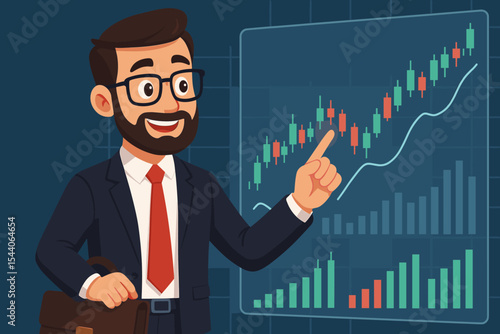 Professional businessman analyzing stock market data, pointing at virtual screen with financial graphs showing growth. Investment success, trading, finance, digital chart, cartoon vector art.