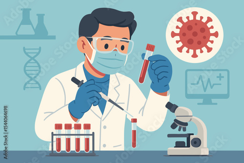 Scientist analyzing blood sample in laboratory for coronavirus and COVID-19 research, virus testing, medical science, microbiology, health diagnostics, technology, vector cartoon illustration