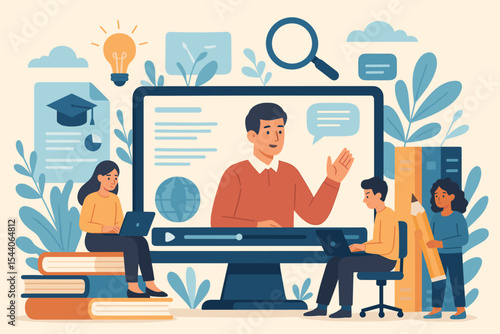 Online E-learning Training, Virtual Education, Knowledge Base for Business Webinars, Digital Courses, Skill Development. Modern Flat Cartoon Vector Illustration.