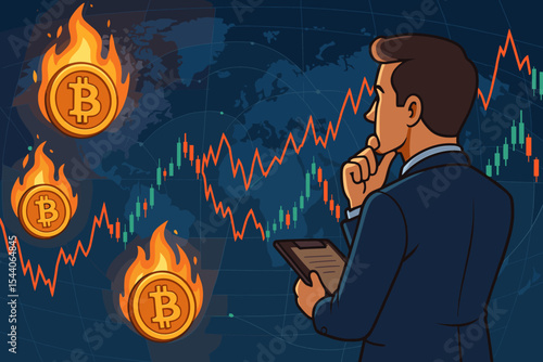 Businessman analyzing volatile cryptocurrency market with burning Bitcoin coins, fluctuating candlestick charts, global network, finance trends, digital investment risk, vector cartoon illustration