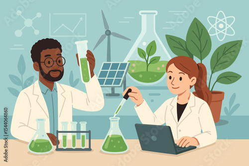 Scientists in eco laboratory researching renewable energy with plants, green liquid, test tubes, solar panels, wind turbine, sustainable science, environmental innovation, vector illustration