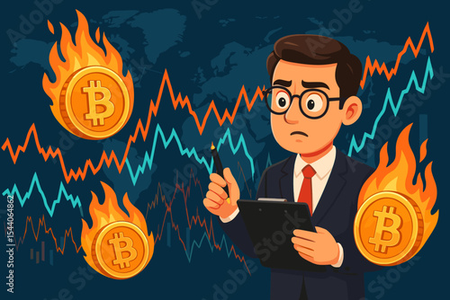 Businessman Analyzing Volatile Cryptocurrency Market with Burning Bitcoin Coins, Fluctuating Financial Graphs, Global Economy Crisis, Crypto Trading Panic, Digital Currency Illustration