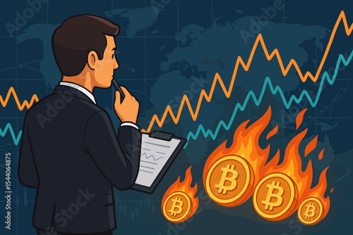 Businessman analyzing cryptocurrency market volatility with burning Bitcoin coins, financial crisis, fluctuating trading graphs, digital currency investment risk, global economy vector illustration