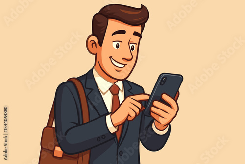 Happy professional businessman checking mobile smartphone, smiling while using cell phone for work communication, digital online business technology. Vector cartoon illustration.