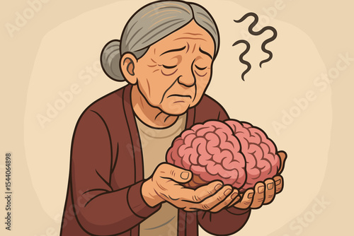 Elderly woman with sad expression holding a brain, a concept for Alzheimer's disease and dementia. Metaphor for memory loss, amnesia, brain disorder and mental health problems in seniors.