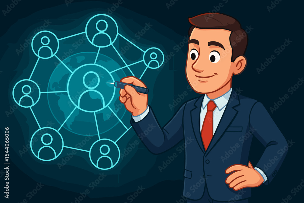 Cartoon businessman in suit drawing digital global customer network, social connections, business relationship management, organizational structure, teamwork concept, vector illustration Cartoon businessman in suit drawing digital global customer network, social connections, business relationship management, organizational structure, teamwork concept, vector illustration