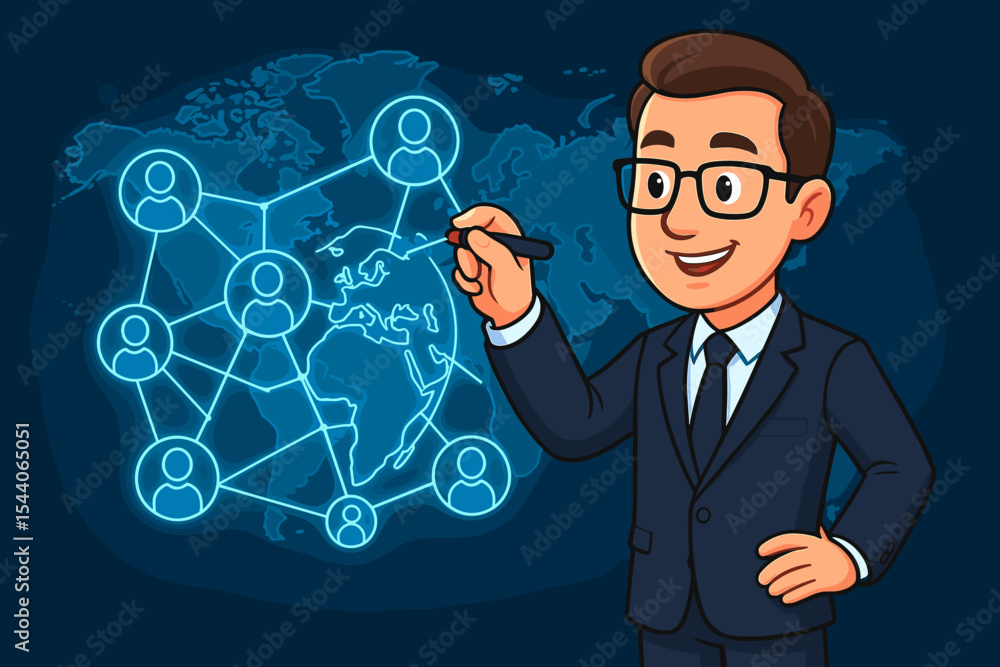 Businessman connecting global people network on digital hologram screen. Vector illustration of corporate communication, international teamwork, business networking, social media connections map Businessman connecting global people network on digital hologram screen. Vector illustration of corporate communication, international teamwork, business networking, social media connections map