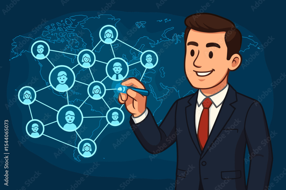 Businessman Drawing Digital Global Network Structure on Hologram Screen. Vector Cartoon. Business Communication, Global Teamwork, Social Media, Online Collaboration, Networking Technology Concept Businessman Drawing Digital Global Network Structure on Hologram Screen. Vector Cartoon. Business Communication, Global Teamwork, Social Media, Online Collaboration, Networking Technology Concept