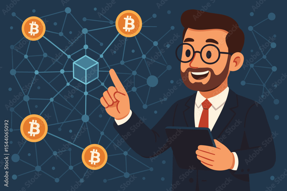 Businessman interacts with blockchain technology and cryptocurrency network, bitcoin symbols, digital connections, virtual finance, fintech innovation, secure transaction concept, vector illustration Businessman interacts with blockchain technology and cryptocurrency network, bitcoin symbols, digital connections, virtual finance, fintech innovation, secure transaction concept, vector illustration