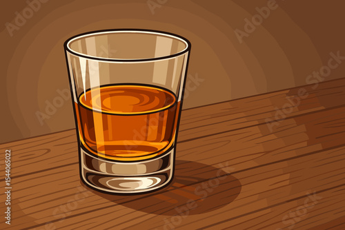 Elegant Amber Whiskey Shot Glass on a Rustic Wooden Tabletop. Modern Cartoon Vector Illustration for Bar Menu, Alcohol Promotion, Beverage Ad Template, or Design Background with Copy Space.