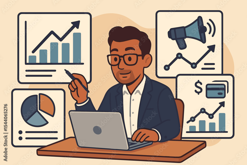 Businessman analyzing financial data, marketing strategies, online payment reports. Professional man managing business growth, success, analytics, e-commerce. Cartoon vector illustration. Businessman analyzing financial data, marketing strategies, online payment reports. Professional man managing business growth, success, analytics, e-commerce. Cartoon vector illustration.