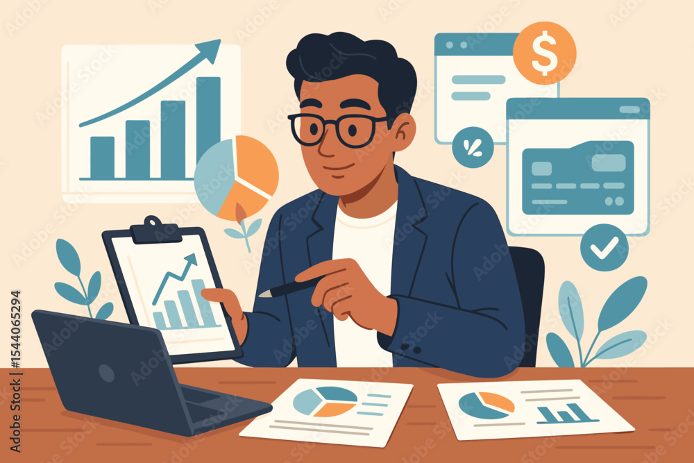 Financial analyst and entrepreneur analyzing business data with laptop and reports. Man reviewing marketing strategy using charts and graphs. Business growth and planning concept. Financial analyst and entrepreneur analyzing business data with laptop and reports. Man reviewing marketing strategy using charts and graphs. Business growth and planning concept.