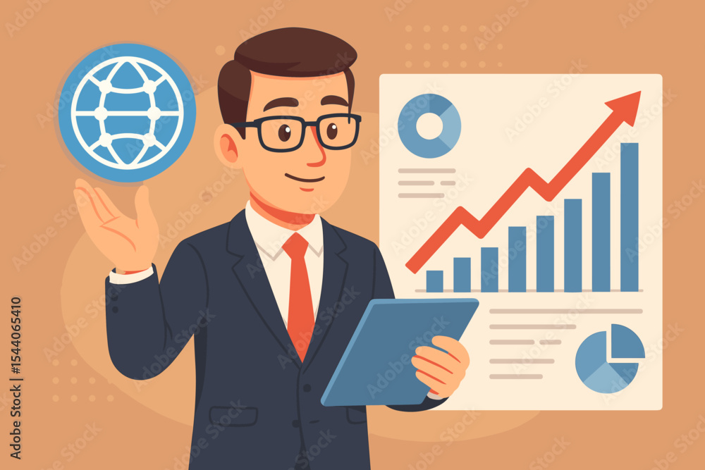 Businessman in suit holding global network icon and digital tablet analyzing sales growth, financial charts, data analytics, and economic strategy. Vector illustration for business success concepts Businessman in suit holding global network icon and digital tablet analyzing sales growth, financial charts, data analytics, and economic strategy. Vector illustration for business success concepts