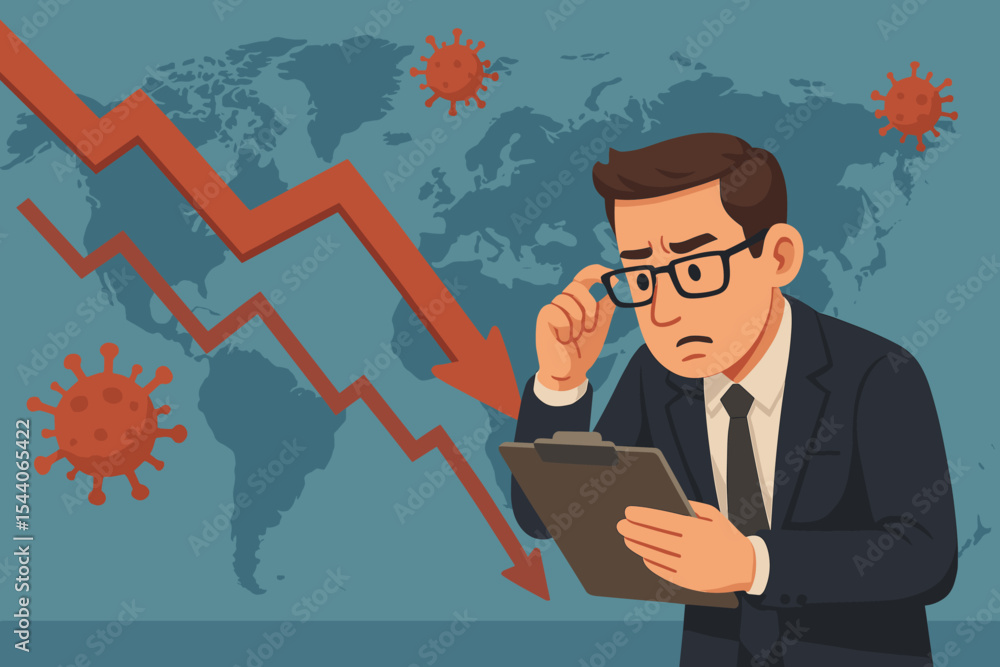 Global stock market crash analysis during coronavirus pandemic crisis. Businessman analyzing falling exchange rates, financial loss, economic downturn. Vector illustration with world map, virus icons Global stock market crash analysis during coronavirus pandemic crisis. Businessman analyzing falling exchange rates, financial loss, economic downturn. Vector illustration with world map, virus icons