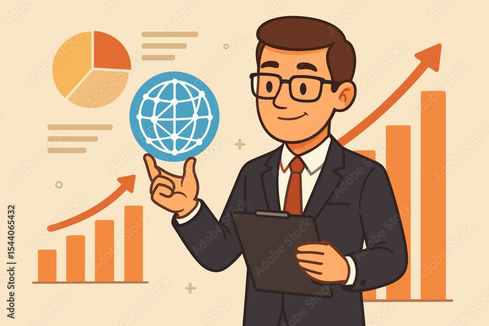Businessman Holding Clipboard Pointing at Global Network Icon with Sales Data, Bar and Pie Charts, Economic Growth, Digital Marketing, Data Analysis, Finance Strategy, Vector Illustration Businessman Holding Clipboard Pointing at Global Network Icon with Sales Data, Bar and Pie Charts, Economic Growth, Digital Marketing, Data Analysis, Finance Strategy, Vector Illustration