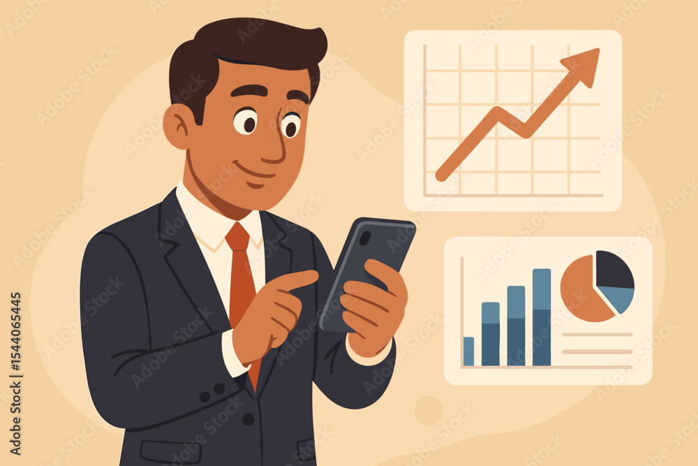 Dynamic entrepreneur businessman using smartphone app to analyze financial growth, sales charts, and economic data. Professional cartoon vector illustration of digital business progress and success. Dynamic entrepreneur businessman using smartphone app to analyze financial growth, sales charts, and economic data. Professional cartoon vector illustration of digital business progress and success.