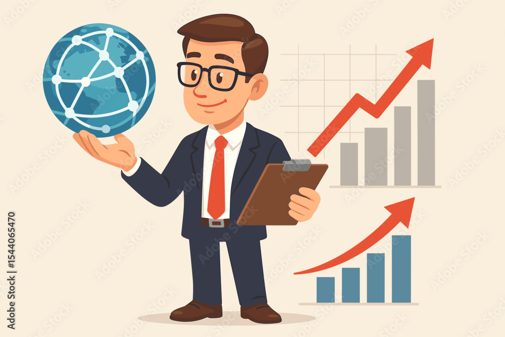Global business strategy analysis. Cartoon businessman holding connected world network, reviewing sales data, economic growth. Financial chart, analytics, leadership, investment, digital economy Global business strategy analysis. Cartoon businessman holding connected world network, reviewing sales data, economic growth. Financial chart, analytics, leadership, investment, digital economy