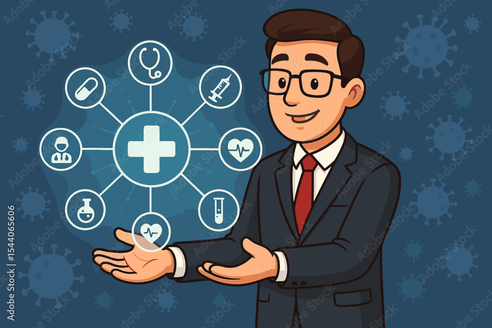 Businessman Presenting Virtual Medical Network Connections with Healthcare Icons, Digital Health Technology, COVID-19 Pandemic, Virus Background, Medical Services, Vector Illustration Businessman Presenting Virtual Medical Network Connections with Healthcare Icons, Digital Health Technology, COVID-19 Pandemic, Virus Background, Medical Services, Vector Illustration