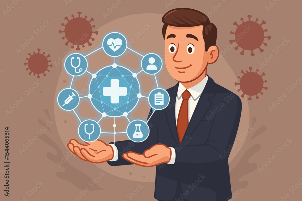 Businessman in Suit Holding Virtual Medical Network Icons, Health Technology, Digital Healthcare Connections, Pandemic Coronavirus COVID-19 Virus, Medical Innovation, Vector Illustration Businessman in Suit Holding Virtual Medical Network Icons, Health Technology, Digital Healthcare Connections, Pandemic Coronavirus COVID-19 Virus, Medical Innovation, Vector Illustration
