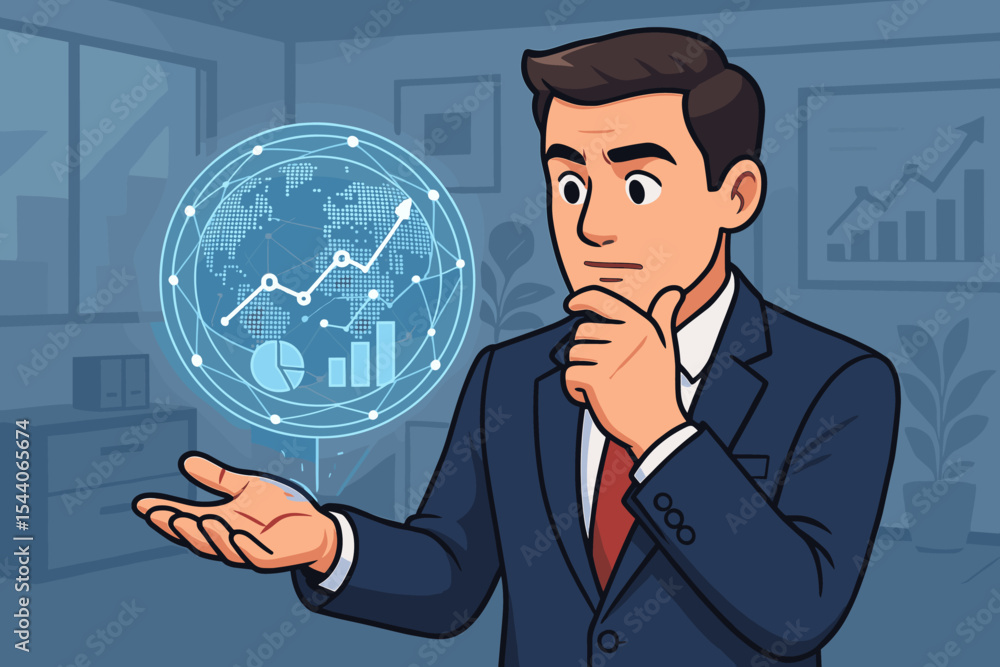 Businessman presenting holographic global data network, analyzing economic growth, financial charts, big data analytics, digital marketing strategy in modern corporate office vector illustration Businessman presenting holographic global data network, analyzing economic growth, financial charts, big data analytics, digital marketing strategy in modern corporate office vector illustration