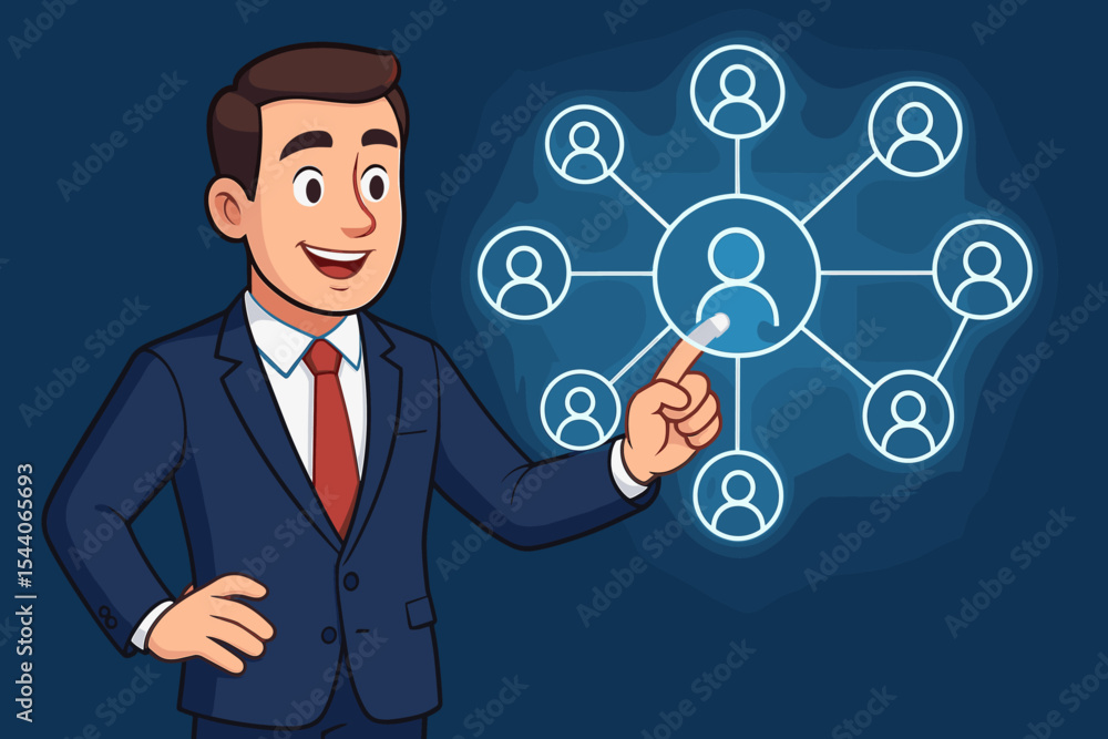 Businessman in Suit Touching Digital Network Connections Holographic Interface, Cartoon Vector Illustration, Technology Leadership, Social Media, Teamwork, Communication Concept Background Businessman in Suit Touching Digital Network Connections Holographic Interface, Cartoon Vector Illustration, Technology Leadership, Social Media, Teamwork, Communication Concept Background