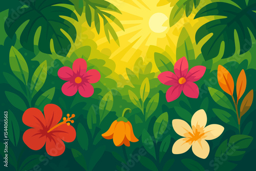 Vibrant sunlit tropical jungle with exotic colorful flowers, lush green foliage, hibiscus, plumeria, bright sunlight, summer nature background, vector cartoon illustration, floral paradise