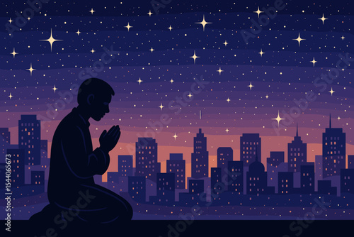 Silhouette of a Muslim man praying on a rooftop against a city skyline at night. Islamic prayer during Ramadan. Spiritual worship, faith, and reflection under a starry sky vector.