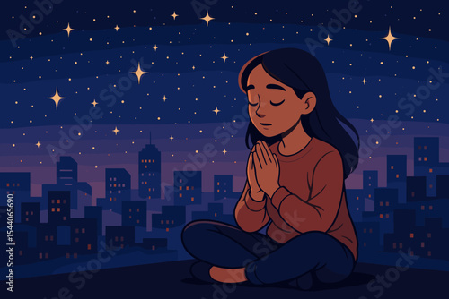 Woman praying on a city rooftop at night. Concept of faith, hope, and gratitude. Spiritual meditation and mindfulness practice for inner peace. Girl practicing yoga and reflection.