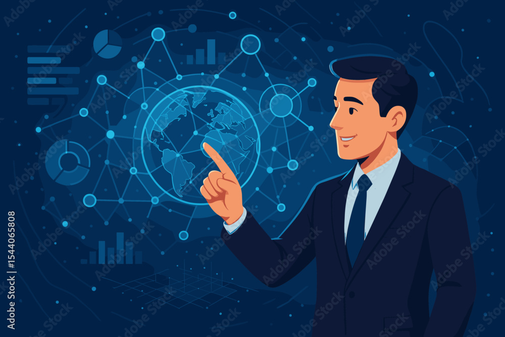 Businessman touching global digital network, big data analytics, futuristic technology innovation, world map, data visualization, abstract connections, business intelligence vector illustration Businessman touching global digital network, big data analytics, futuristic technology innovation, world map, data visualization, abstract connections, business intelligence vector illustration