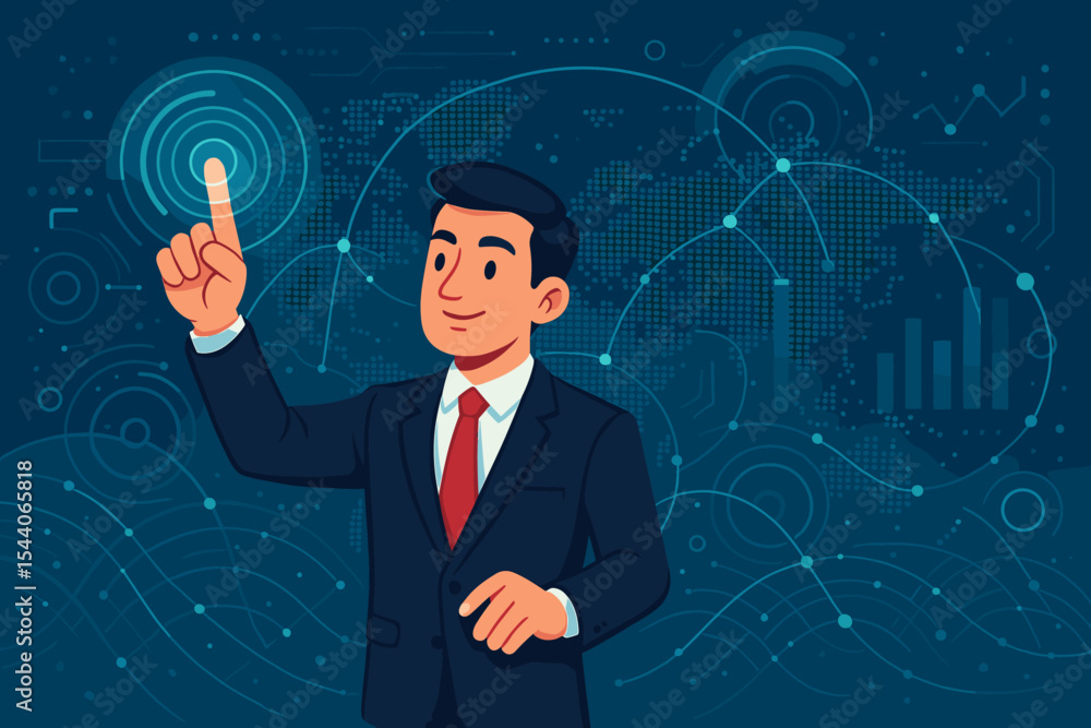 Businessman in suit interacting with futuristic digital interface, global network connections, big data analytics, technology innovation, abstract world map, vector illustration for business concepts Businessman in suit interacting with futuristic digital interface, global network connections, big data analytics, technology innovation, abstract world map, vector illustration for business concepts