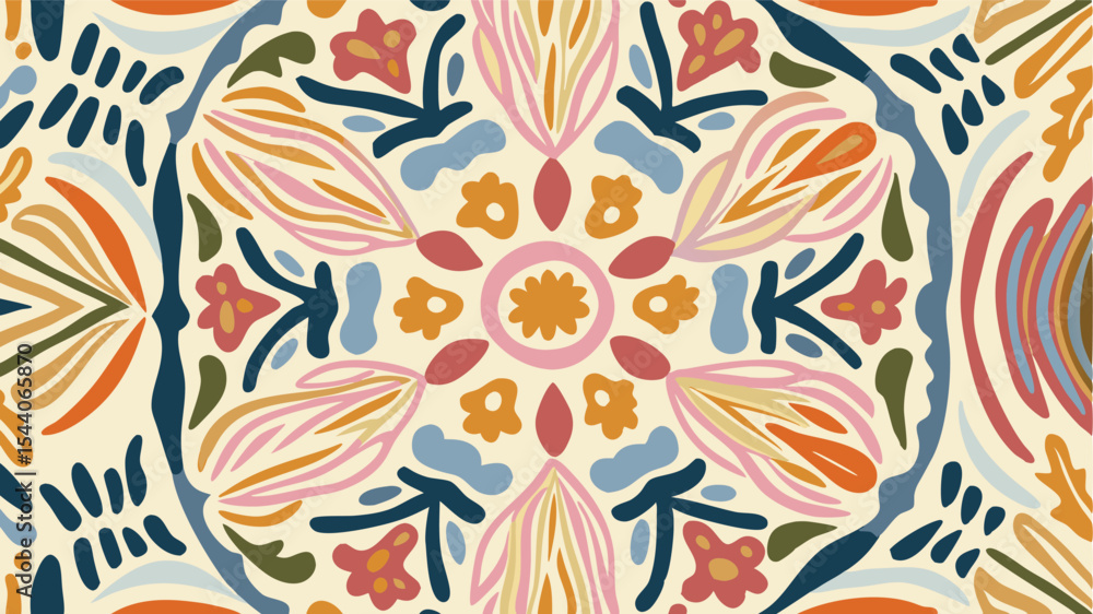 Naklejka premium Colorful floral mandala with stylized petals and abstract shapes in a circular arrangement design