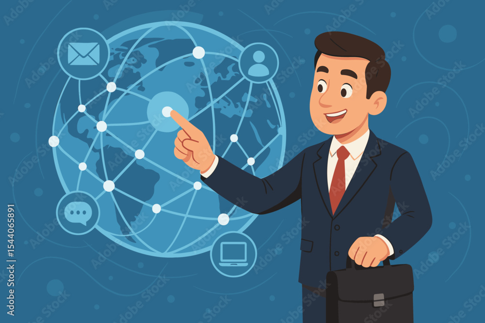 Businessman connecting to global digital network. Professional communication, data exchange, worldwide business technology, corporate internet concept. Cartoon vector illustration, networking design Businessman connecting to global digital network. Professional communication, data exchange, worldwide business technology, corporate internet concept. Cartoon vector illustration, networking design