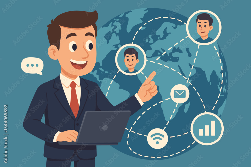 Global business network connection concept. Cartoon businessman with laptop interacting with worldwide communication, digital data exchange, online teamwork, remote collaboration, internet technology Global business network connection concept. Cartoon businessman with laptop interacting with worldwide communication, digital data exchange, online teamwork, remote collaboration, internet technology