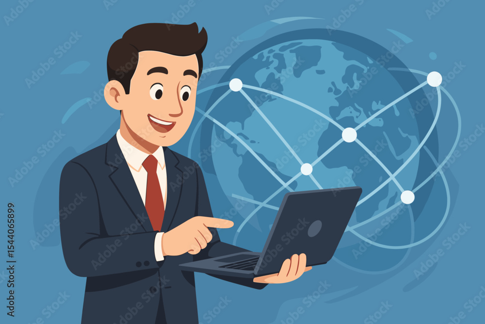 Businessman in suit using laptop with global network technology connection, cartoon vector illustration, corporate communication, international internet business concept background Businessman in suit using laptop with global network technology connection, cartoon vector illustration, corporate communication, international internet business concept background
