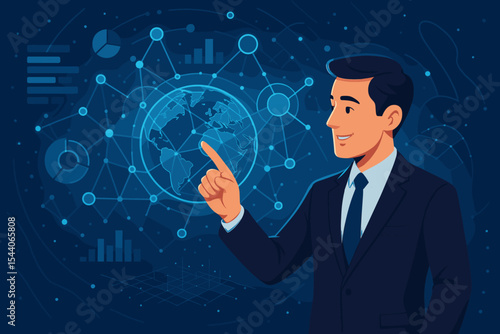Businessman touching global digital network, big data analytics, futuristic technology innovation, world map, data visualization, abstract connections, business intelligence vector illustration