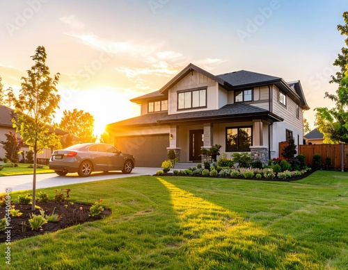 Modern house with car at sunset