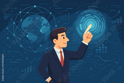 Businessman touching virtual interface, big data analytics concept. Global network connection, futuristic technology, digital innovation, data visualization, interactive dashboard vector illustration