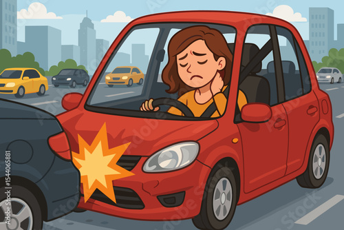 Female Driver Holding Neck in Pain After Car Accident on Busy City Road. Cartoon Vector Illustration of Woman Suffering Whiplash Injury from Traffic Collision in Urban Setting.