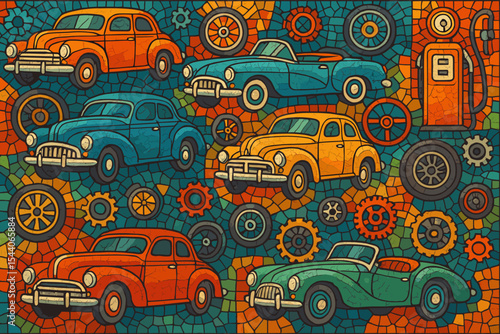 Vintage car mosaic seamless pattern. Classic automobiles, retro convertible, fuel pump, gears, colorful stained glass style background. Antique transport concept. Vector cartoon illustration