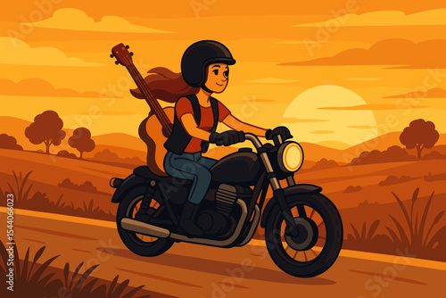 Female guitarist riding motorcycle on countryside road at sunset. Woman biker with guitar traveling rural landscape. Adventure journey music flat cartoon vector illustration.