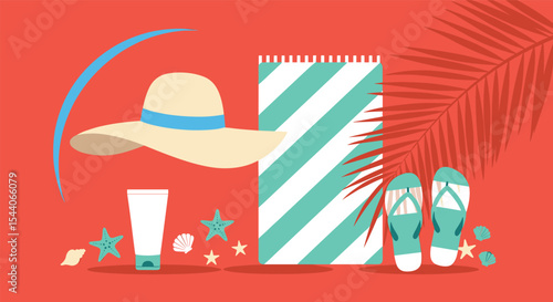 Beach Vacation Summer Essentials Flat Lay on Coral Background